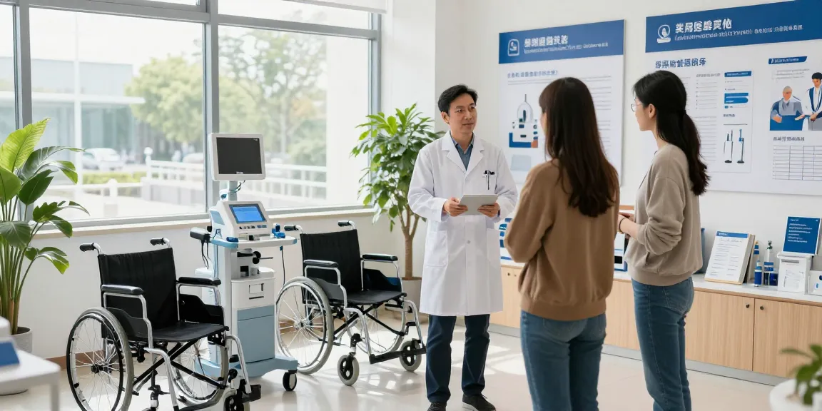 Sell medical equipment near me through a healthcare professional demonstrating medical devices in a modern showroom.