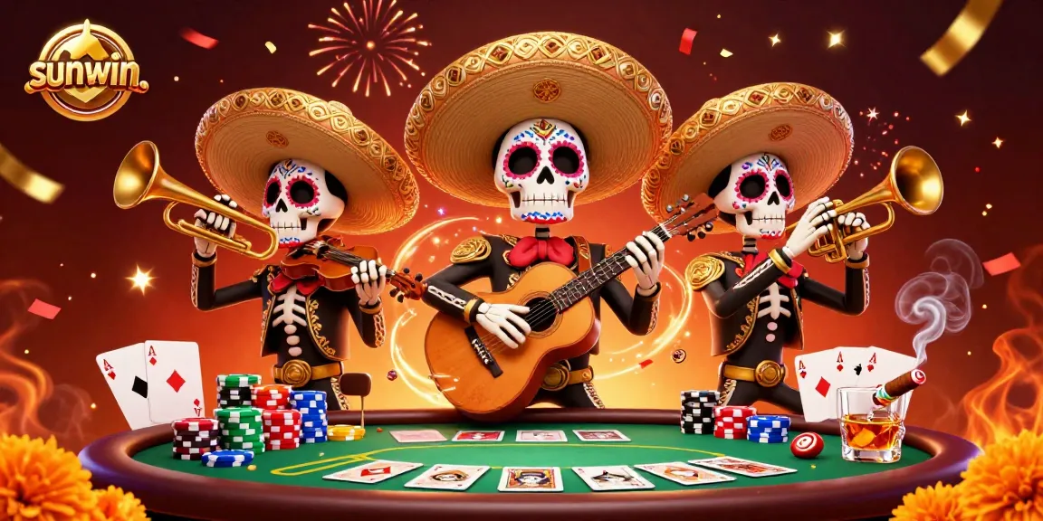 Engage in thrilling poker with sunwin. amidst colorful Day of the Dead skeleton mariachi band.