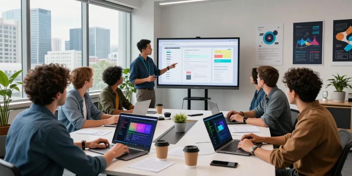 Team collaborating in a tech workspace, showcasing WPS Official Website development in a modern setting.