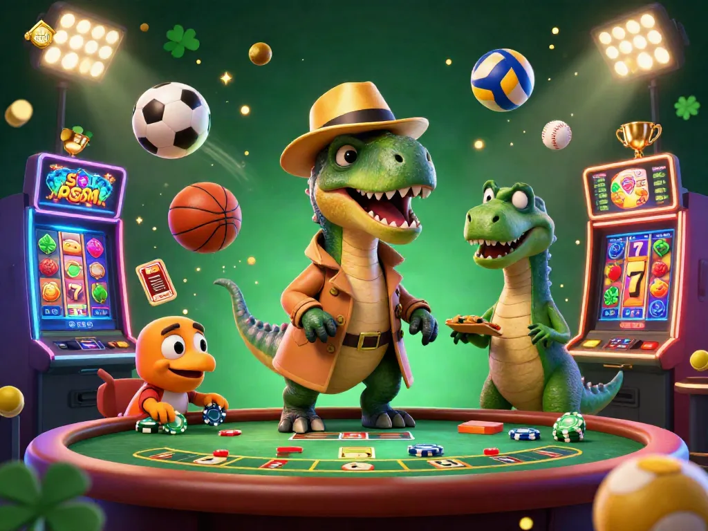 Experience the thrilling action of slot resmi with a velociraptor card counter surrounded by vibrant slot machines and dynamic elements.
