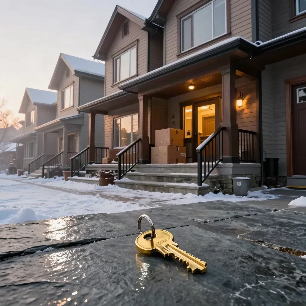 Canadian townhouse at dawn, brass keys on slate, glowing windows, light snow and mist