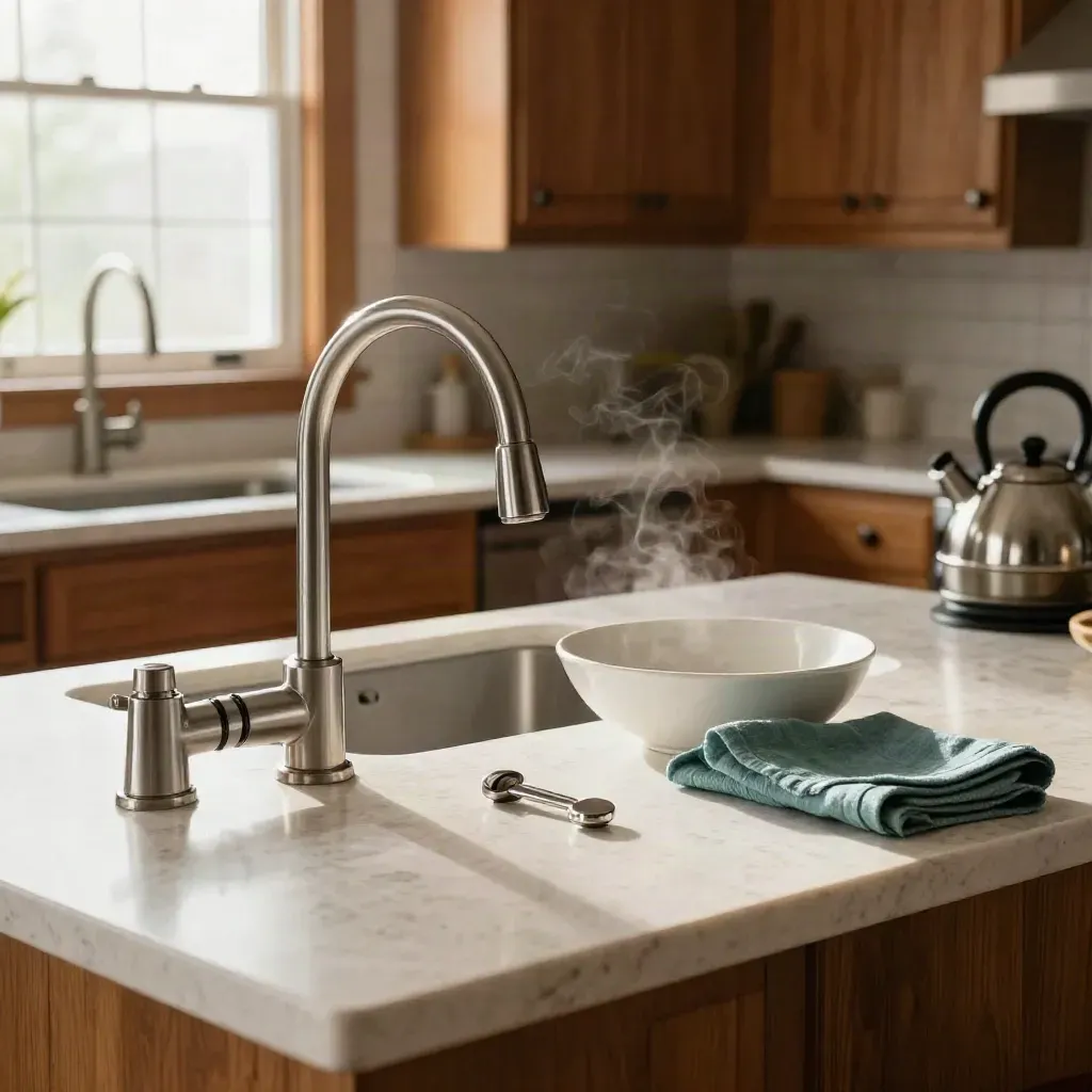 Refreshed kitchen counter with new faucet, quartz surface, key bowl and steam by a bright window
