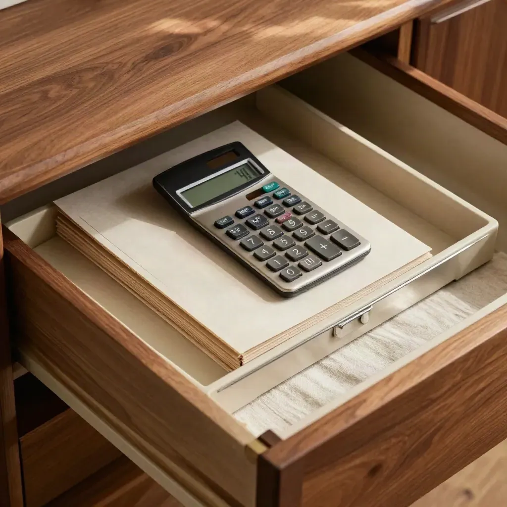 Overhead drawer still-life of a calculator and organized financial folders in warm wood.