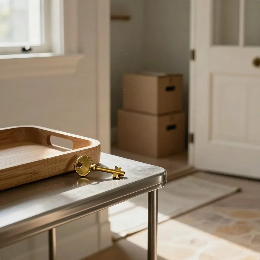 Brass key on a console at a townhouse entry with moving boxes in warm morning light.