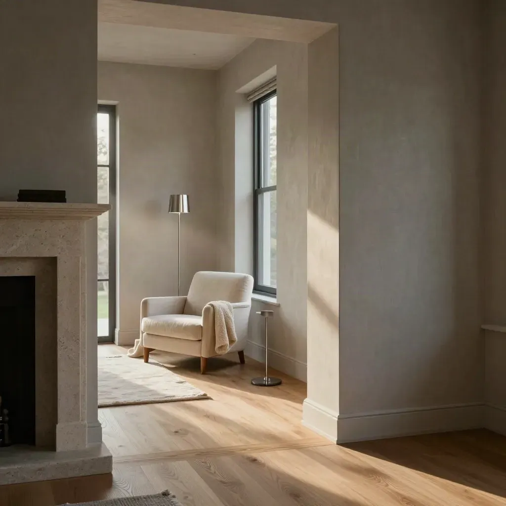 Renovated family room with oak floors, mantle, silver lamp base and a single chair by the window.