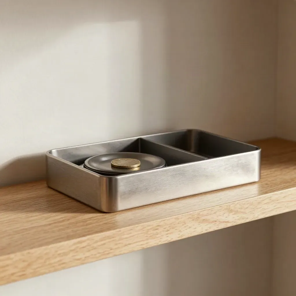 Minimal home finance shelf with one central tray, organizer, and empty slots in soft light.