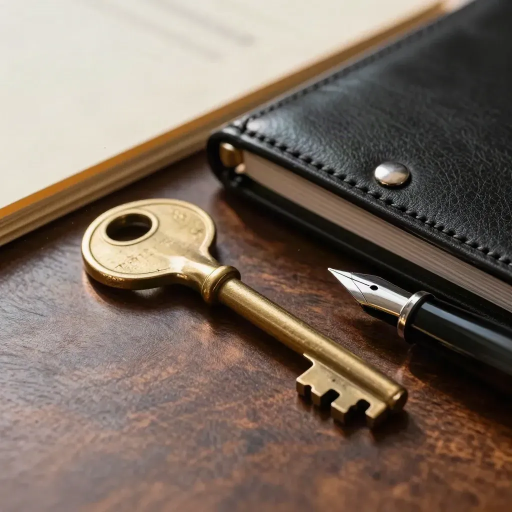 Brass mortgage key, leather folio corner, and pen cap on walnut in soft macro light.