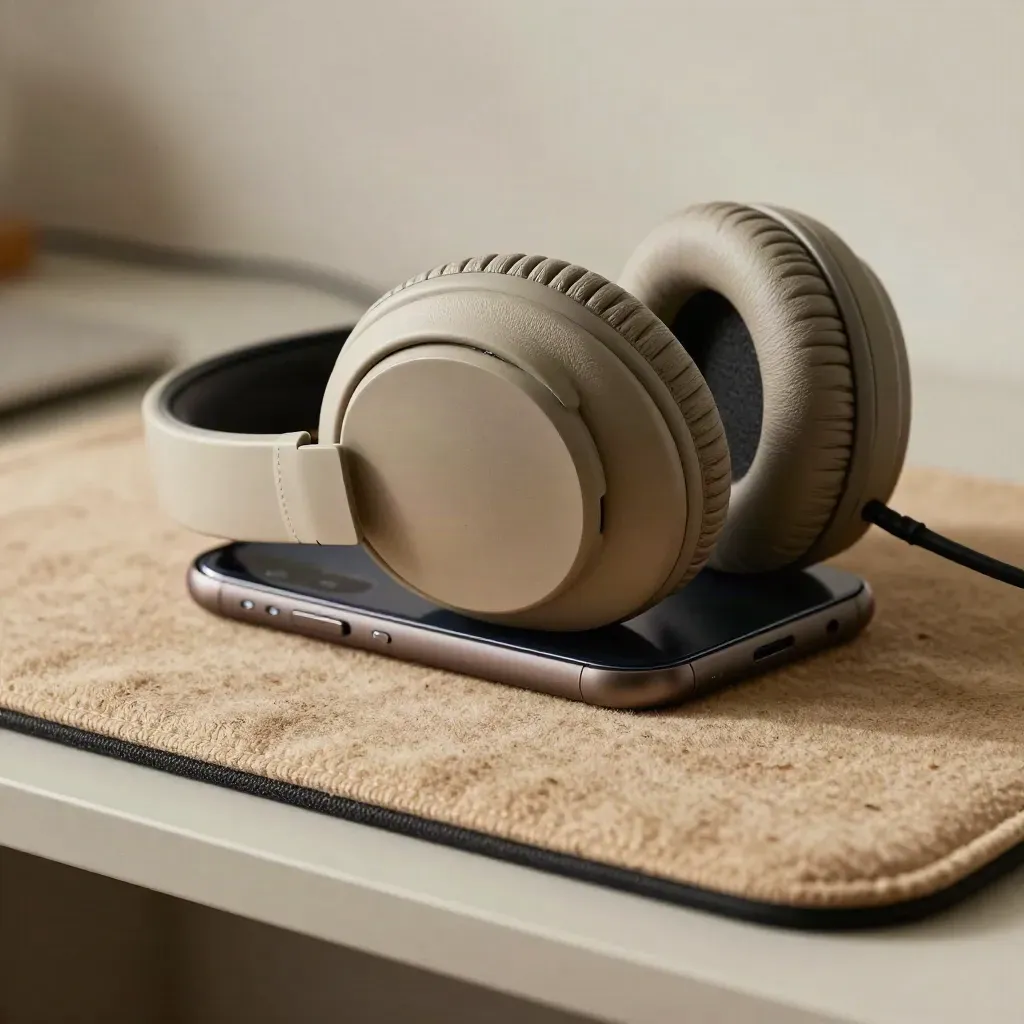 Macro of headset earpad, phone cradle base, and wool desk pad in a quiet mortgage support station