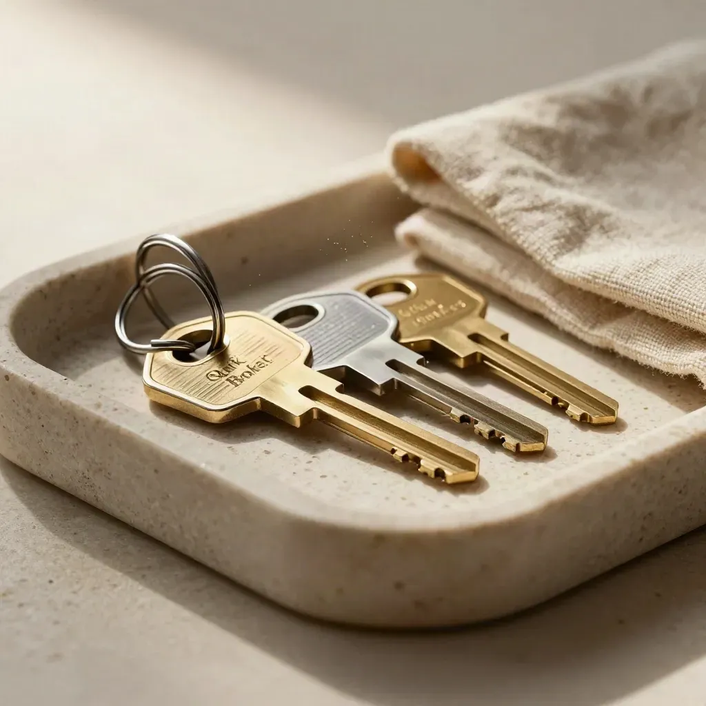 Three key blanks and a dark key ring in a travertine tray, lit softly from the left.