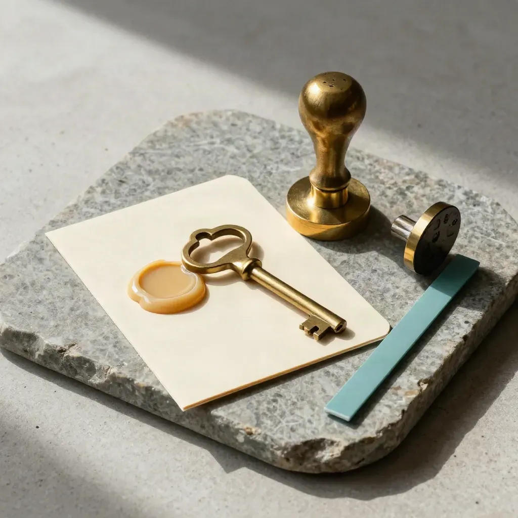 Overhead flatlay of a sealed folder, brass key and stamp on stone with muted teal accent