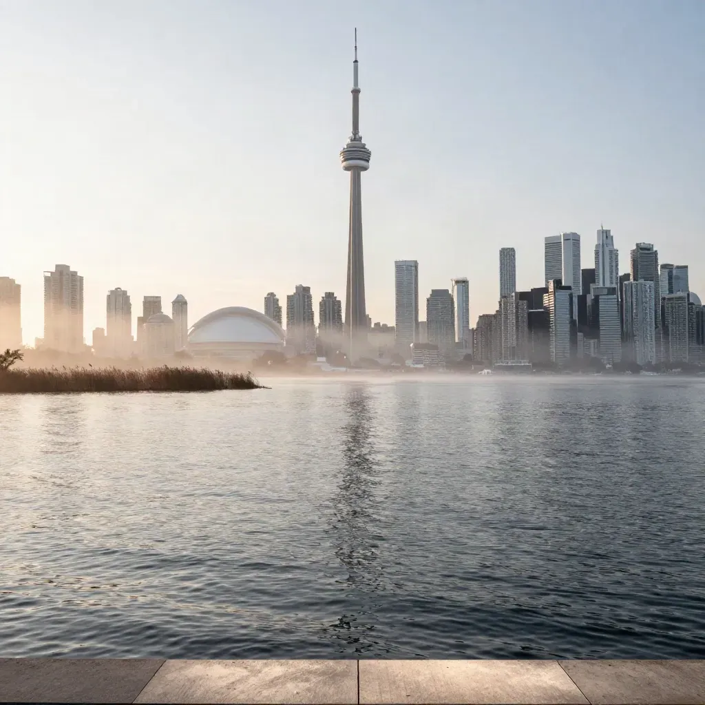 Toronto skyline and CN Tower rising above misty Lake Ontario at sunrise