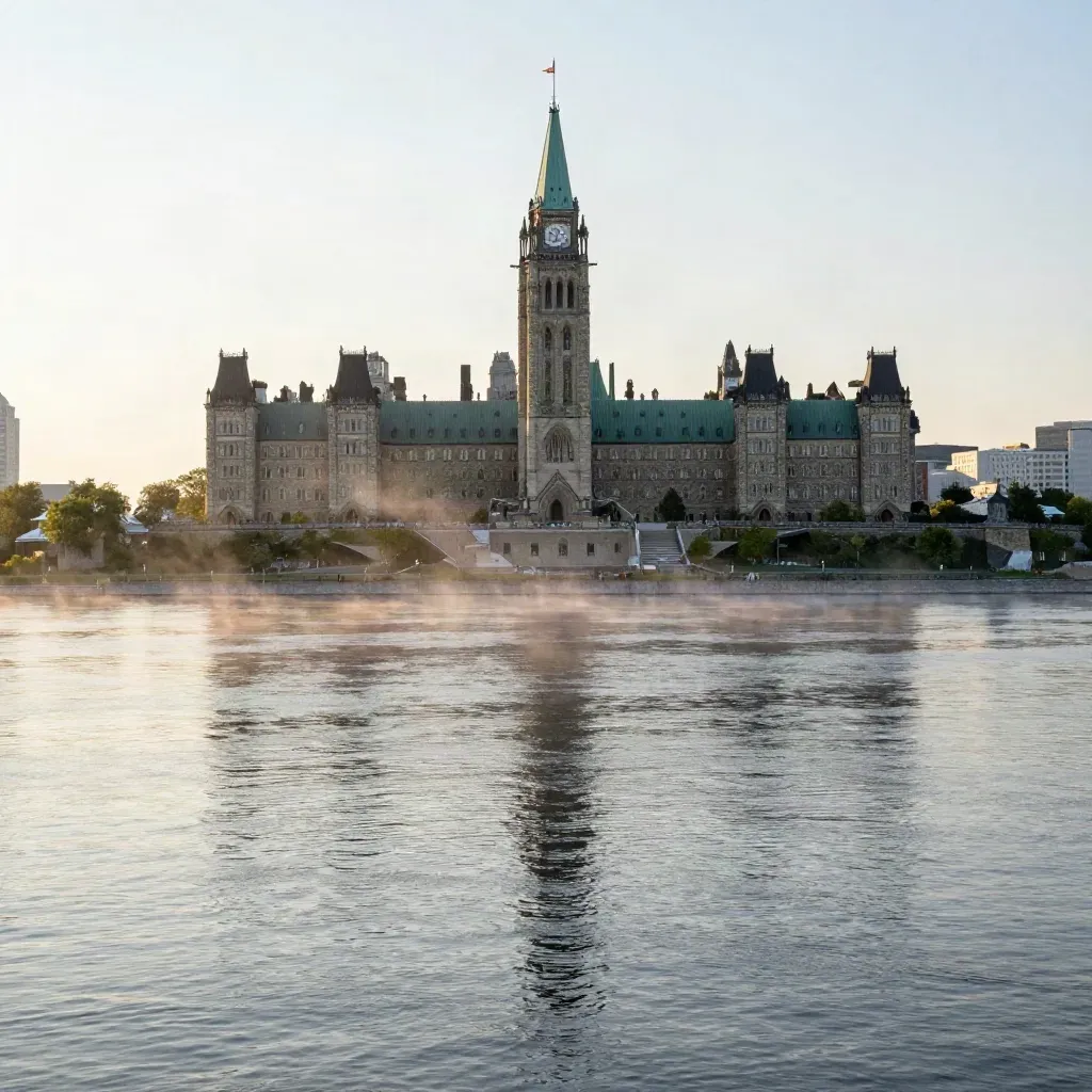 Parliament Hill over the Ottawa River in warm mist from Gatineau shoreline at golden hour