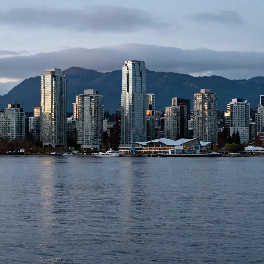 Vancouver skyline and North Shore mountains over Burrard Inlet at blue hour with calm water foreground
