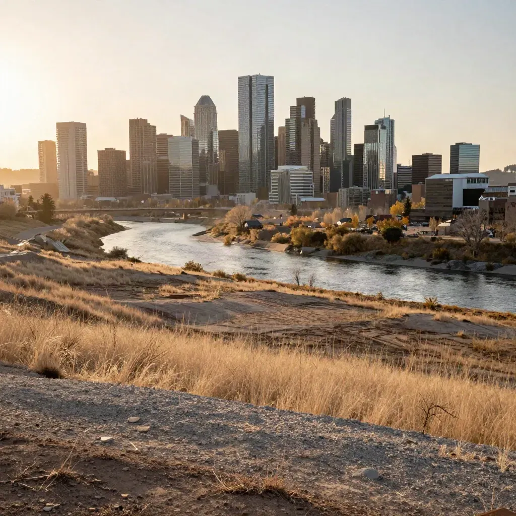 Hazy sunset over downtown Calgary, the Bow River and prairie foreground under warm evening light.