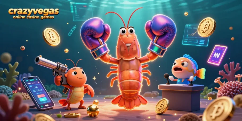 Engage with crazyvegas online casino games in a vibrant underwater scene featuring unique shrimp characters and crypto elements.